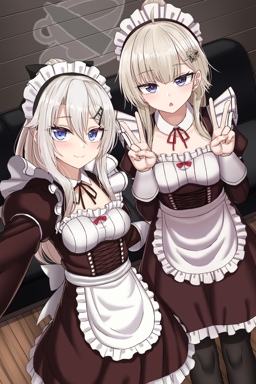 2girls 9a-91_(girls'_frontline) absurdres ahoge ak74m_(girls'_frontline) apron black_legwear blue_eyes blush breasts closed_mouth double_v dress eyebrows_visible_through_hair girls'_frontline hair_between_eyes hair_ornament hairclip highres juliet_sleeves long_hair long_sleeves looking_at_viewer maid maid_headdress multiple_girls open_mouth puffy_sleeves silver_hair smile snowflake_hair_ornament symbol-only_commentary v waist_apron white_apron yakob_labo