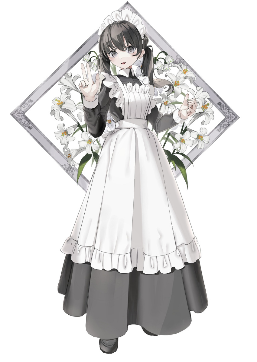 1girl apron bangs black_dress black_hair blush breasts collared_dress commentary dress eyebrows_visible_through_hair flower frilled_apron frills grey_eyes hair_between_eyes hands_up highres juliet_sleeves lily_(flower) lily_of_the_valley long_hair long_sleeves maid maid_apron maid_headdress original outside_border parted_lips pleated_dress puffy_sleeves shii_(kairi-t-k0317) small_breasts smile solo twintails w white_apron white_background white_flower white_lily