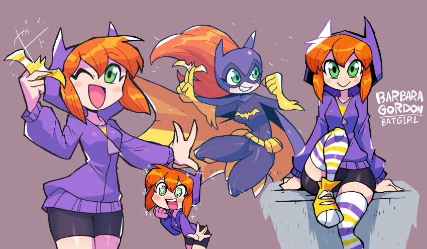 1girl :&gt; absurdres animal_ear_headwear arm_support barbara_gordon batarang batgirl batman_(series) belt bike_shorts blush_stickers boots brown_hair cape character_name dc_comics dc_super_hero_girls gloves green_eyes highres hood hood_up hoodie mask purple_hoodie rariatto_(ganguri) shoes sitting smile sneakers sparkle sparkling_eyes star-shaped_pupils star_(symbol) striped striped_legwear superhero symbol-shaped_pupils utility_belt yellow_footwear yellow_gloves