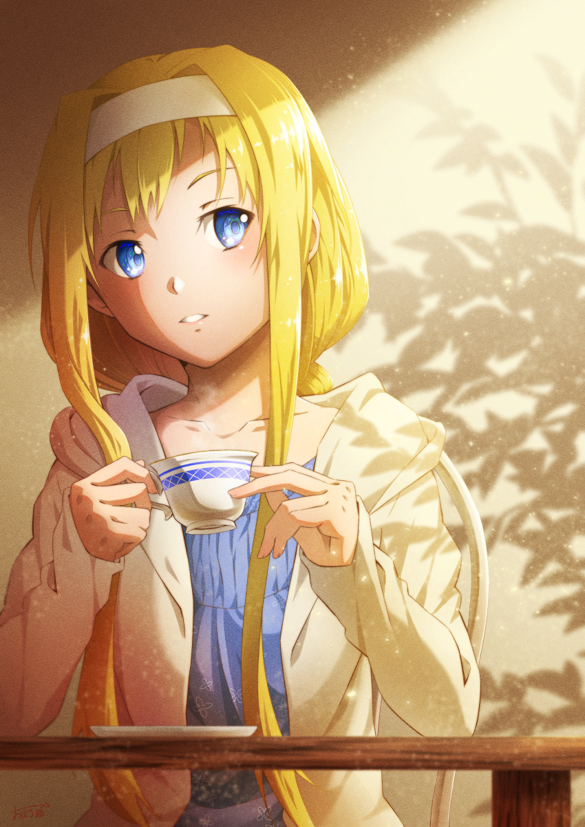 1girl absurdres alice_zuberg blonde_hair blue_eyes blue_shirt cardigan collarbone cup grin hair_intakes hairband highres holding holding_cup hood hood_down hooded_cardigan light_particles long_hair long_sleeves looking_at_viewer oboro_neko open_cardigan open_clothes ponytail shiny shiny_hair shirt sidelocks signature sitting sleeves_past_wrists smile solo sword_art_online upper_body very_long_hair white_cardigan white_hairband
