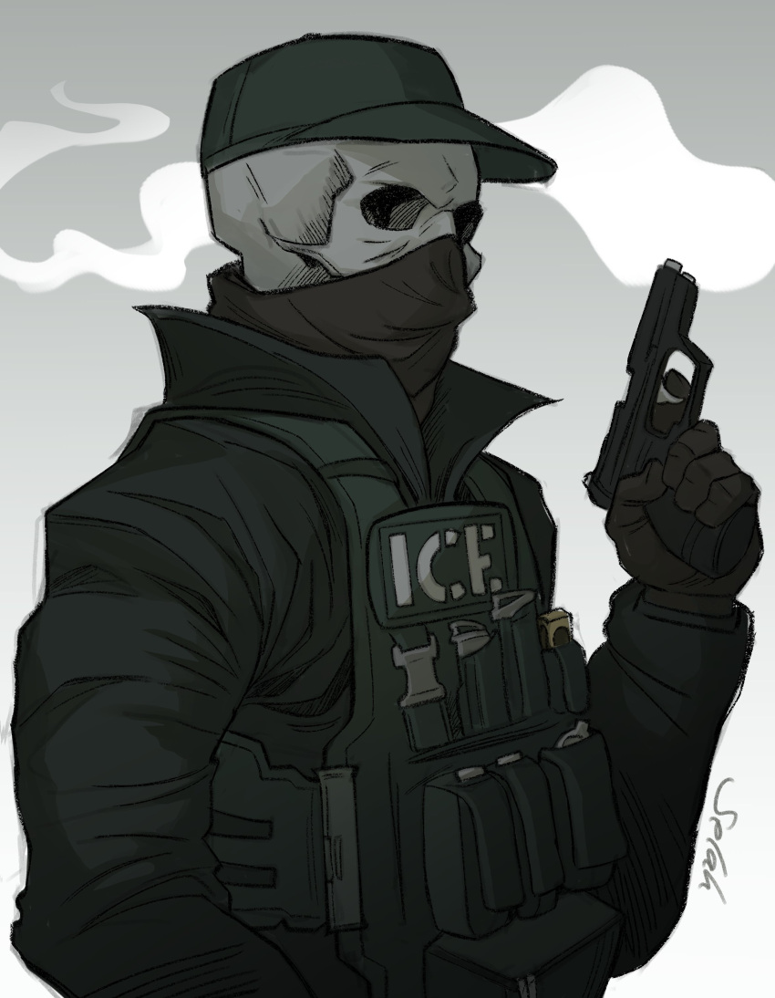 1boy absurdres bandana black_bandana bulletproof_vest commentary english_commentary finger_on_trigger gloves grey_background gun handgun highres holding holding_gun holding_weapon ice_skeleton jacket male_focus original selahsketches simple_background skull solo united_states_immigration_and_customs_enforcement upper_body weapon