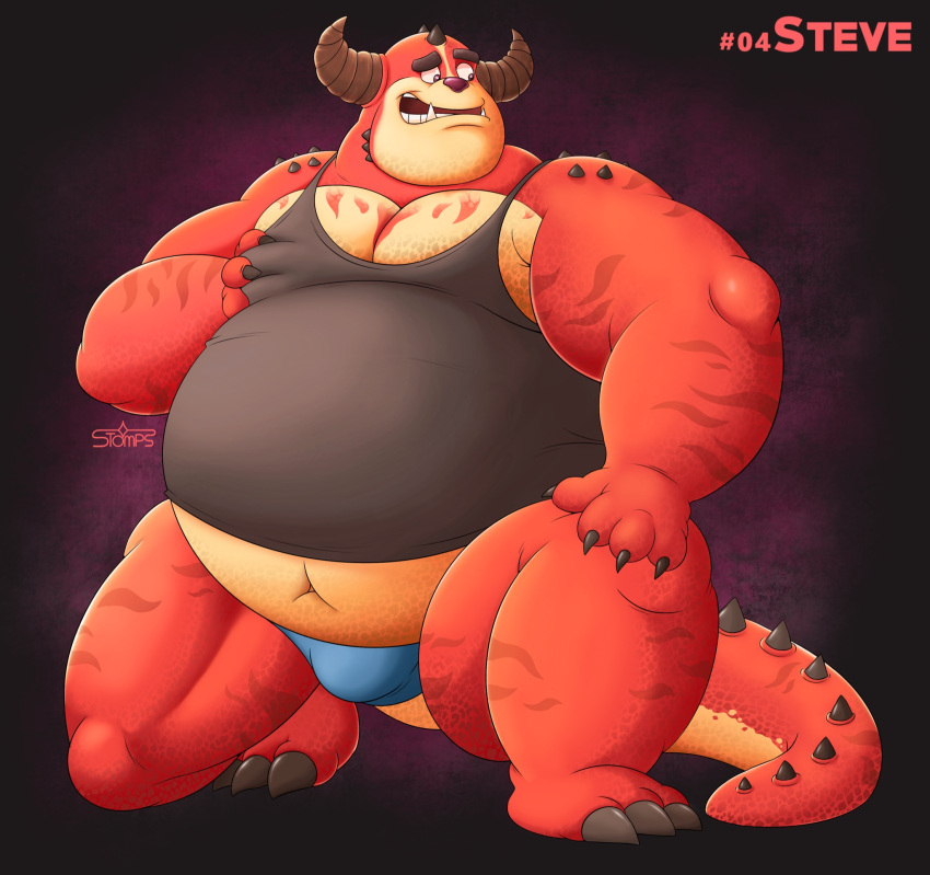 2022 anthro belly bulge clothing hi_res male monster navel overweight overweight_male red_body rumble_(movie) shirt solo steve_(rumble) stompsthecroc topwear underwear