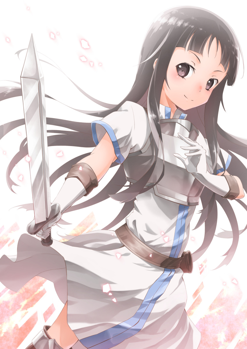1girl armor bangs black_eyes black_hair blush breastplate closed_mouth dress elbow_gloves floating_hair gloves highres holding holding_sword holding_weapon long_hair looking_at_viewer multicolored_hair oboro_neko shiny shiny_hair short_dress short_sleeves smile solo straight_hair streaked_hair sword sword_art_online very_long_hair weapon white_background white_dress white_gloves yui_(sao)