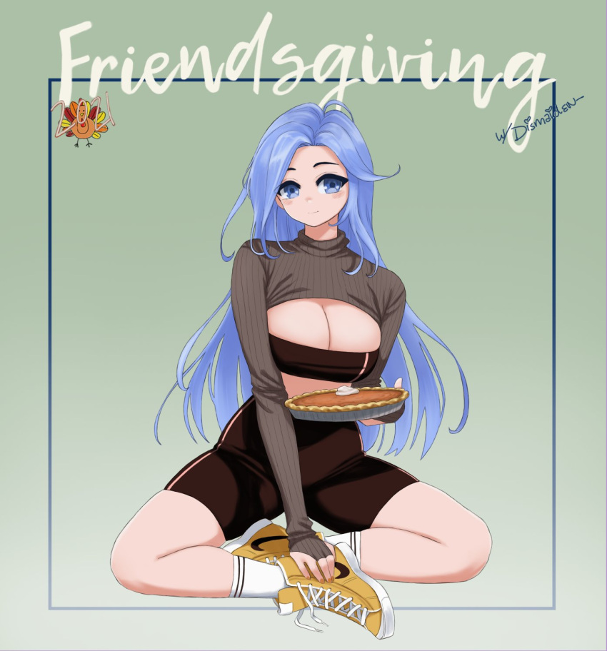 1girl black_shorts blue_eyes blue_hair borrowed_character breasts cleavage dismaiden full_body gradient gradient_background green_background highres large_breasts long_hair minah_(chaesu) original pumpkin_pie shoes shorts signature sitting socks solo white_legwear yellow_footwear