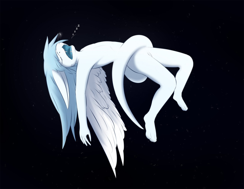 aletheia_(giru) anthro blue_hair dragon eyes_closed feathered_wings feathers female floating fur furred_dragon giru_(artist) hair sleep_b sleep_bubble sleeping solo sound_effects space tail_around_body tail_around_waist white_body white_fur wings zzz