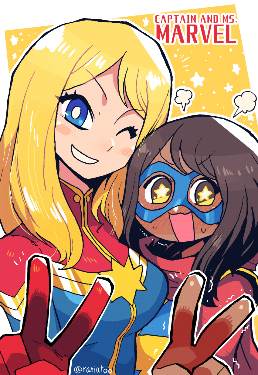 2girls absurdres animification bangs blonde_hair blue_eyes blush breasts bright_pupils brown_hair captain_marvel carol_danvers character_name domino_mask english_commentary eye_mask eyebrows_visible_through_hair gloves highres jaggy_line kamala_khan marvel mask medium_breasts ms._marvel multiple_girls one_eye_closed rariatto_(ganguri) red_gloves red_scarf scarf smile star_(symbol) star_in_eye superhero symbol_in_eye twitter_username v v-shaped_eyebrows white_pupils