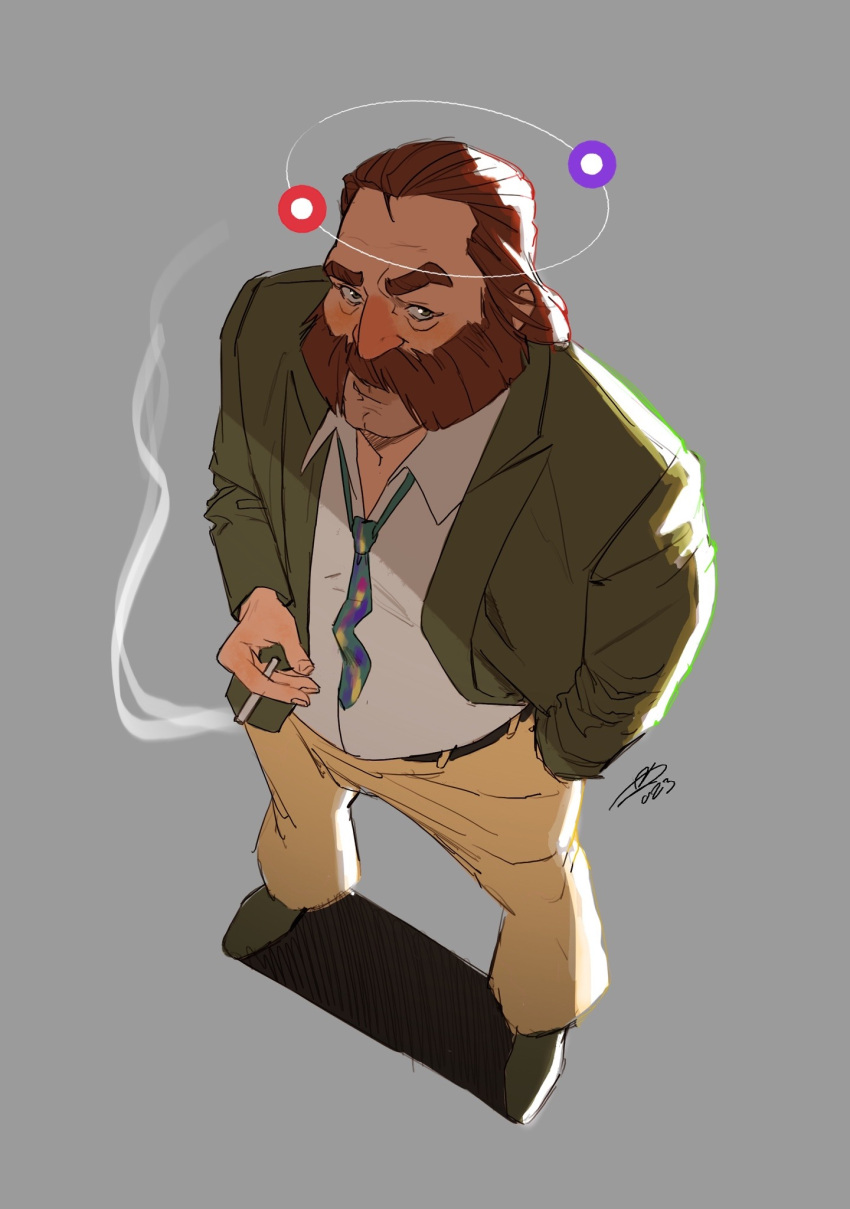 1boy backlighting belt blazer brown_hair cigarette collared_shirt commentary disco_elysium english_commentary facial_hair from_above green_jacket hair_slicked_back hand_in_pocket harry_du_bois highres holding holding_cigarette horrific_necktie jacket male_focus mutton_chops necktie nurve26 raised_eyebrow shirt shirt_tucked_in short_hair smoke smoke_trail solo white_shirt