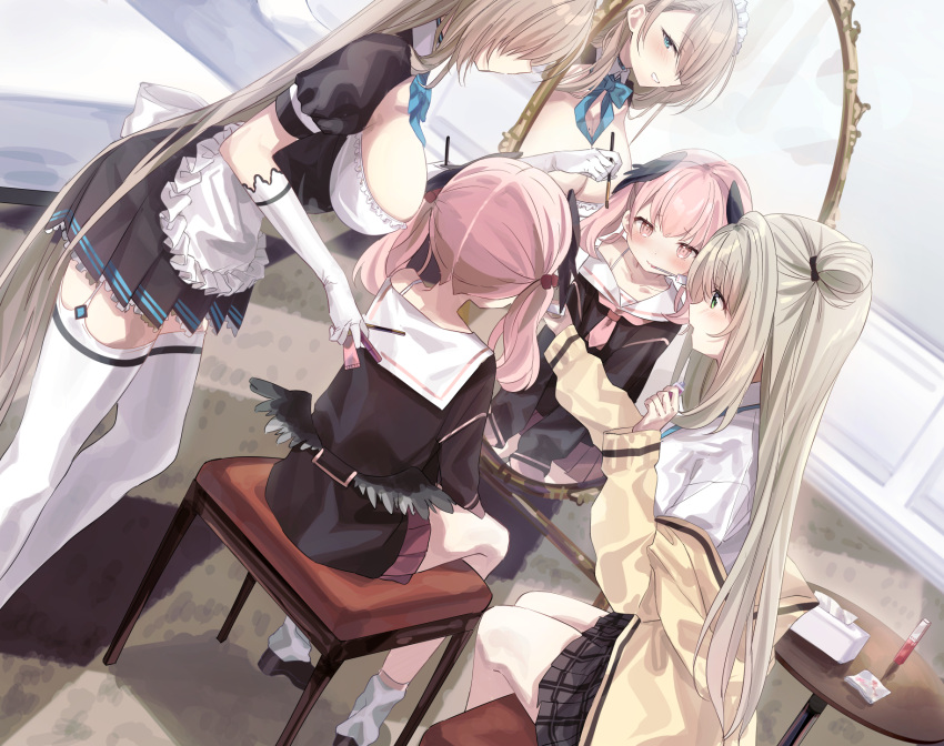 3girls apron asuna_(blue_archive) blue_archive blue_eyes breasts cleavage collarbone grey_hair highres jacket koharu_(blue_archive) large_breasts long_hair maid maid_apron makeup mirror multiple_girls nonomi_(blue_archive) pink_hair ponpon_nun school_uniform sitting table