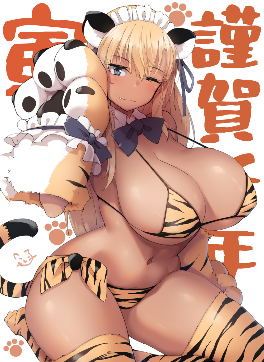 1girl animal_hands animal_print bikini blush bow bowtie breasts chinese_zodiac curvy detached_collar fang fang_out gloves green_eyes highres huge_breasts kuronyan maid_headdress micro_bikini one_eye_closed original paw_gloves side-tie_bikini sitting solo swimsuit tail tan thick_thighs thighhighs thighs tiger_girl tiger_print tiger_tail year_of_the_tiger