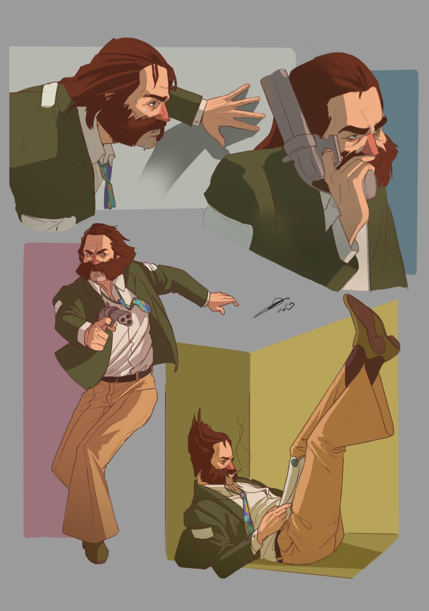 1boy belt blush brown_hair cigarette collared_shirt commentary disco_elysium english_commentary facial_hair full_body gun handgun harry_du_bois highres holding holding_gun holding_weapon horrific_necktie male_focus mullet multiple_views mutton_chops necktie nose_blush nurve26 serious shirt shirt_tucked_in smoke smoke_trail sweatdrop weapon white_shirt