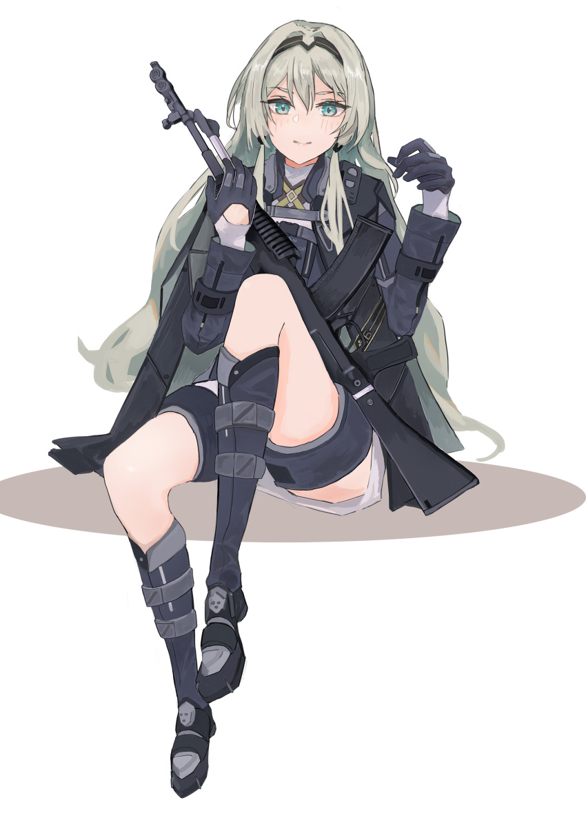 1girl absurdres an-94 an-94_(girls'_frontline) aqua_eyes arm_up assault_rifle bangs black_footwear black_gloves black_hairband blonde_hair blush boots cloak closed_mouth commission eyebrows_visible_through_hair full_body girls'_frontline gloves gun hairband highres holding holding_gun holding_weapon long_hair looking_at_viewer reraise rifle sitting skeb_commission smile solo tactical_clothes weapon white_background