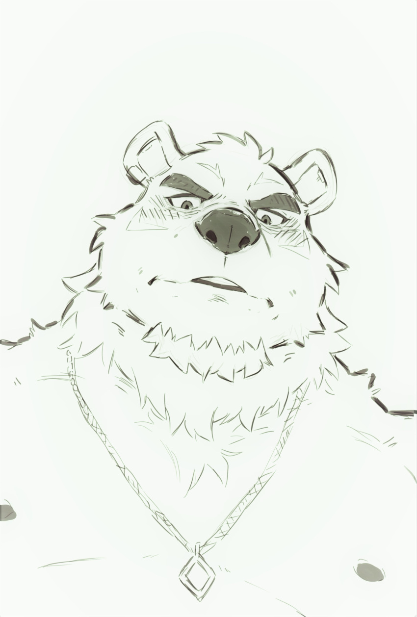 absurd_res anthro big_nose black_and_white blush borealis_(live-a-hero) eyebrows headshot_portrait heylaw21 hi_res jewelry lifewonders live-a-hero looking_down male mammal monochrome neck_tuft necklace nipples polar_bear portrait solo thick_eyebrows tuft ursid ursine video_games