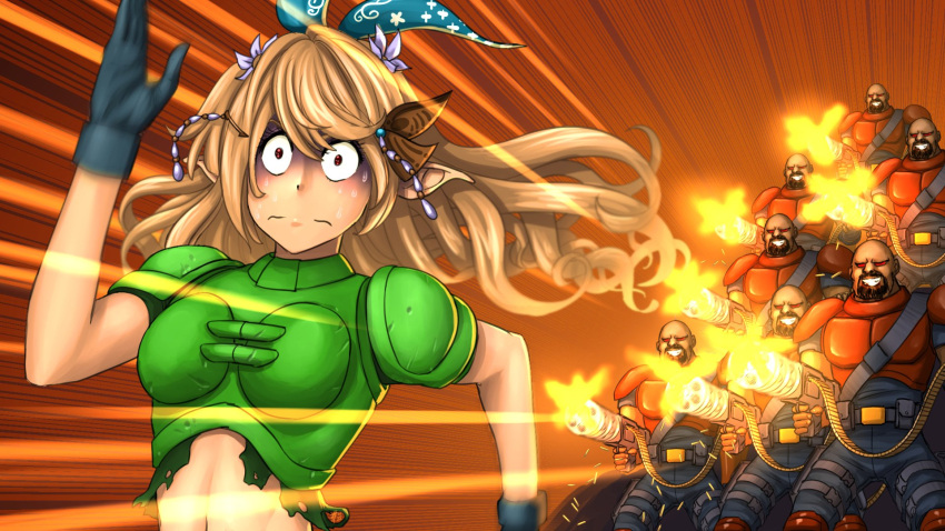 1girl 6+boys ammunition_belt armor bald black_gloves blonde_hair commentary constricted_pupils cosplay doom_(series) doomguy doomguy_(cosplay) english_commentary facial_hair firing flower gatling_gun gloom_(expression) gloves grin hair_flower hair_ornament hairclip heavy_weapon_dude_(doom) highres long_hair midriff minigun multiple_boys muzzle_flash nijisanji nijisanji_en pointy_ears pomu_rainpuff red_eyes running smile solo split_mouth substance20 sweat sweating_profusely virtual_youtuber