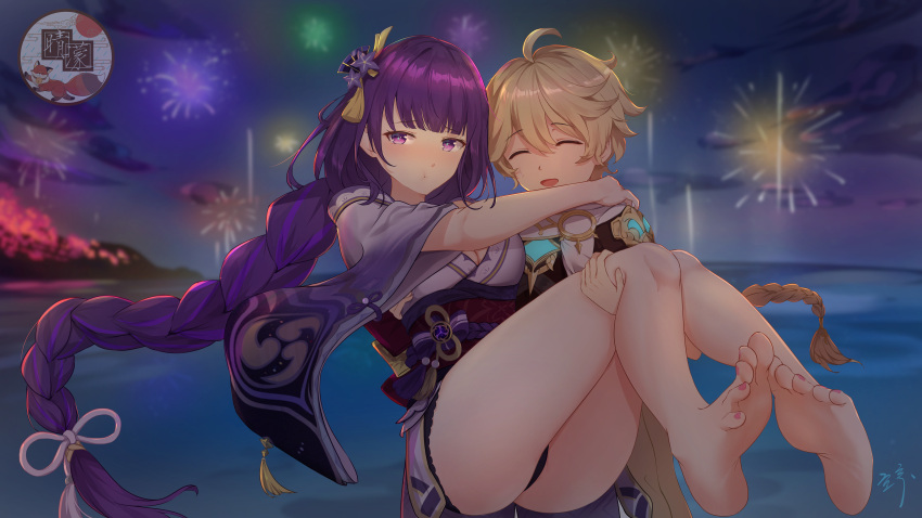 1boy 1girl :t ^_^ ^o^ absurdres aether_(genshin_impact) ahoge barefoot beach blonde_hair blush braid braided_ponytail carrying closed_eyes feet fireworks genshin_impact hair_ornament half-closed_eyes highres japanese_clothes kimono kong_ting legs night night_sky ocean open_mouth pout princess_carry purple_eyes purple_hair raiden_shogun scarf scenery sky thighs toes wide_sleeves