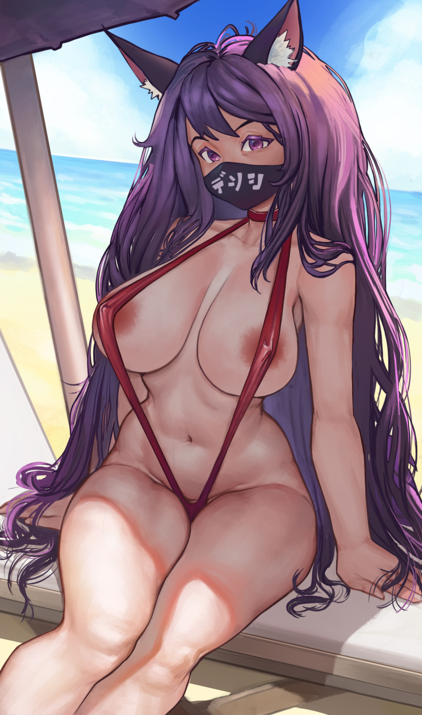 1girl animal_ears areola_slip areolae bangs beach black_mask blue_sky borrowed_character breasts breasts_apart cloud cloudy_sky commission covered_nipples gakibaki highres horizon large_breasts long_hair mask mitsuki_(hanns33694210) mouth_mask navel original print_mask purple_eyes purple_hair red_swimsuit shadow sky slingshot_swimsuit solo swimsuit very_long_hair water wolf_ears wolf_girl