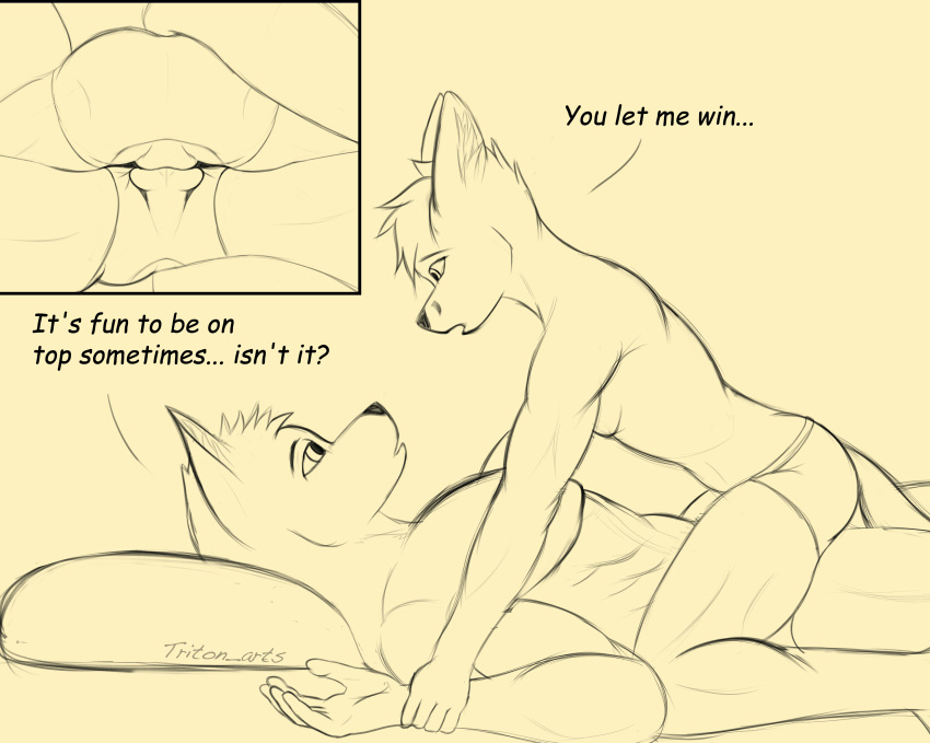absurd_res anthro balls bed boxer_briefs butt canid canine canis clothed clothing conner_(tritoneternal) dialogue digital_media_(artwork) duo english_text fennec fox fur furniture genitals hi_res kevin_(tritoneternal) larger_male love male male/male mammal monochrome muscular muscular_male open_mouth romantic romantic_couple simple_background size_difference sketch text touching_balls tritoneternal_(artist) underwear wolf wrestling