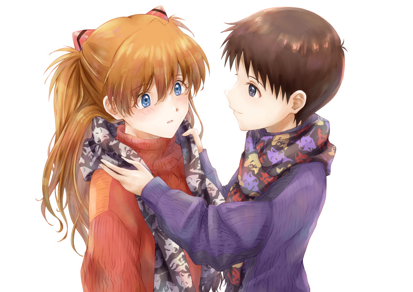 1boy 1girl absurdres bangs baumku_techen black_eyes blue_eyes brown_hair closed_mouth couple eva_00 eva_01 eva_02 eyebrows_visible_through_hair hair_between_eyes hetero highres ikari_shinji lilith_(evangelion) long_hair long_sleeves looking_at_another neon_genesis_evangelion open_mouth print_scarf purple_sweater red_sweater ribbed_sweater scarf shiny shiny_hair short_hair simple_background smile souryuu_asuka_langley sweater very_long_hair white_background