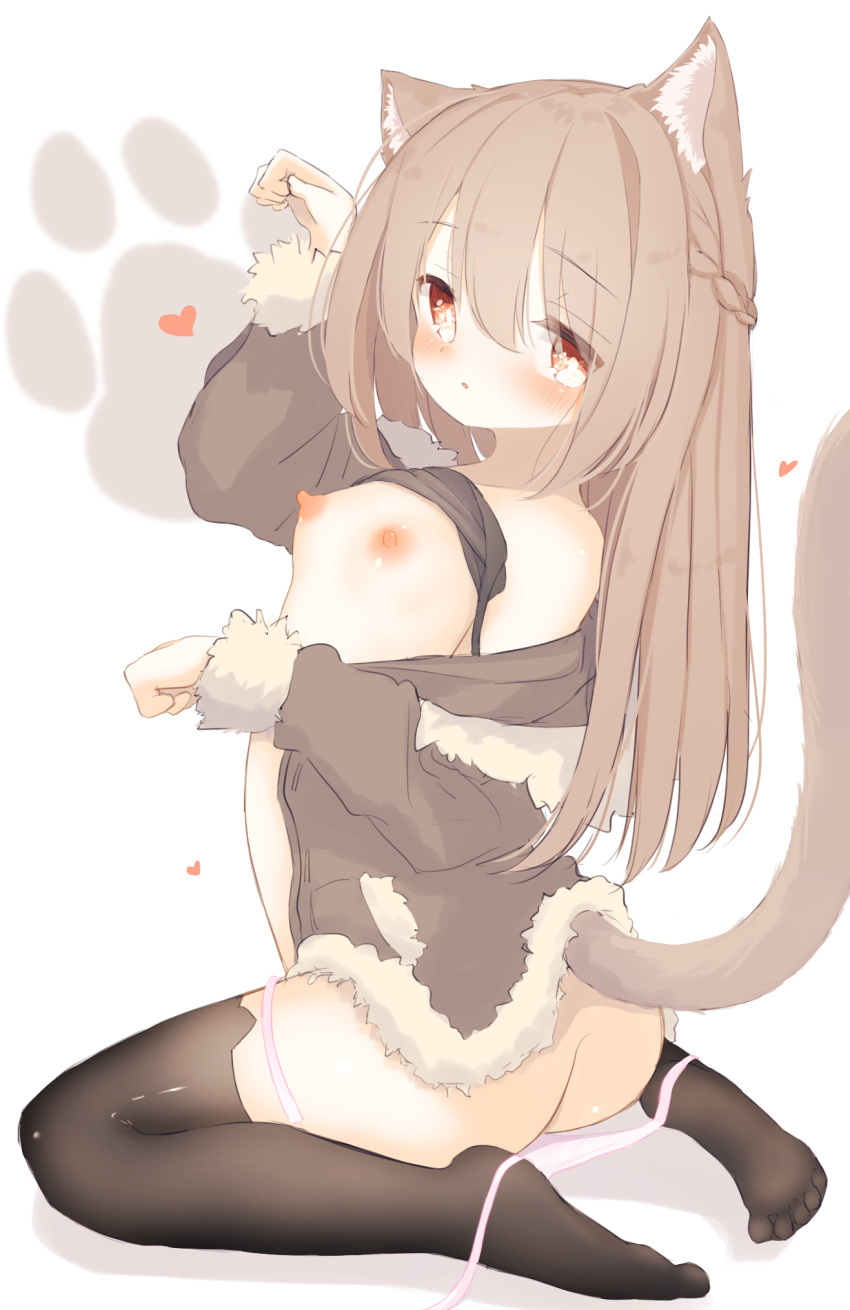 1girl :o animal_ear_fluff animal_ears ass bangs black_legwear blush braid breasts breasts_outside brown_hair cat_ears cat_girl cat_tail clothes_lift eyebrows_visible_through_hair hair_between_eyes heart highres long_hair looking_at_viewer nemonerin nipples no_shoes open_clothes original panties panty_pull paw_pose paw_print paw_print_background pink_panties red_eyes shirt_lift side-tie_panties simple_background sitting small_breasts soles solo tail tail_raised thighhighs underwear untied untied_panties wariza