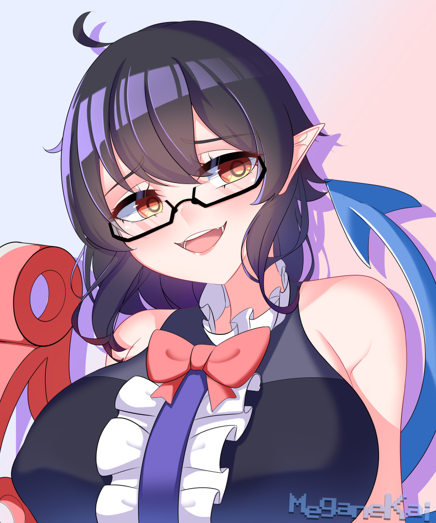 1girl absurdres artist_name black_hair breasts glasses highres houjuu_nue large_breasts meganekai15 open_mouth pointy_ears red_eyes touhou
