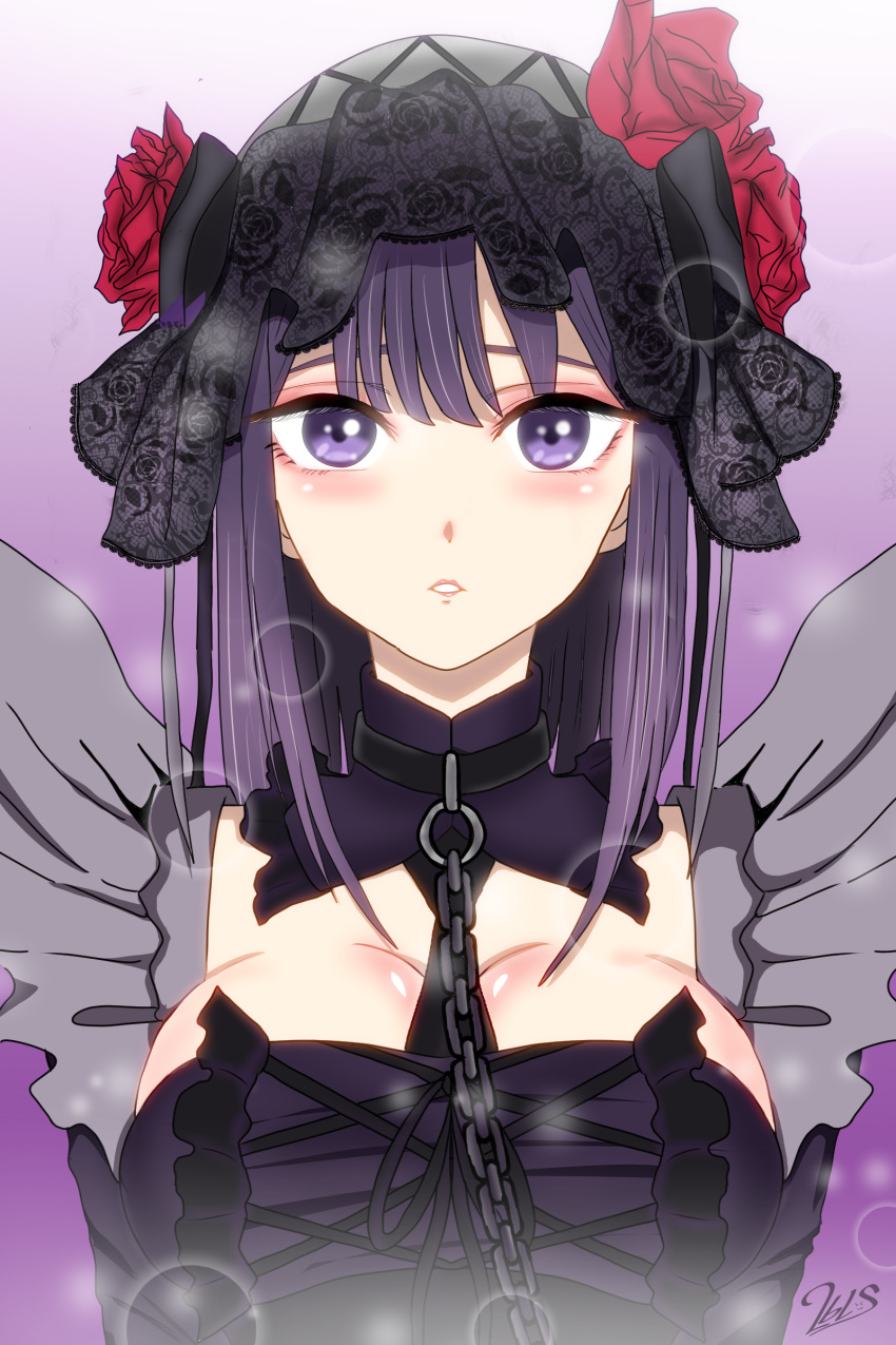 2bls absurdres bangs black_veil breasts cosplay flower frills funeral_veil gradient gradient_background hair_between_eyes hat hat_flower highres kitagawa_marin large_breasts looking_at_viewer medium_hair mixed-language_commentary purple_eyes purple_hair rose signature sono_bisque_doll_wa_koi_wo_suru veil