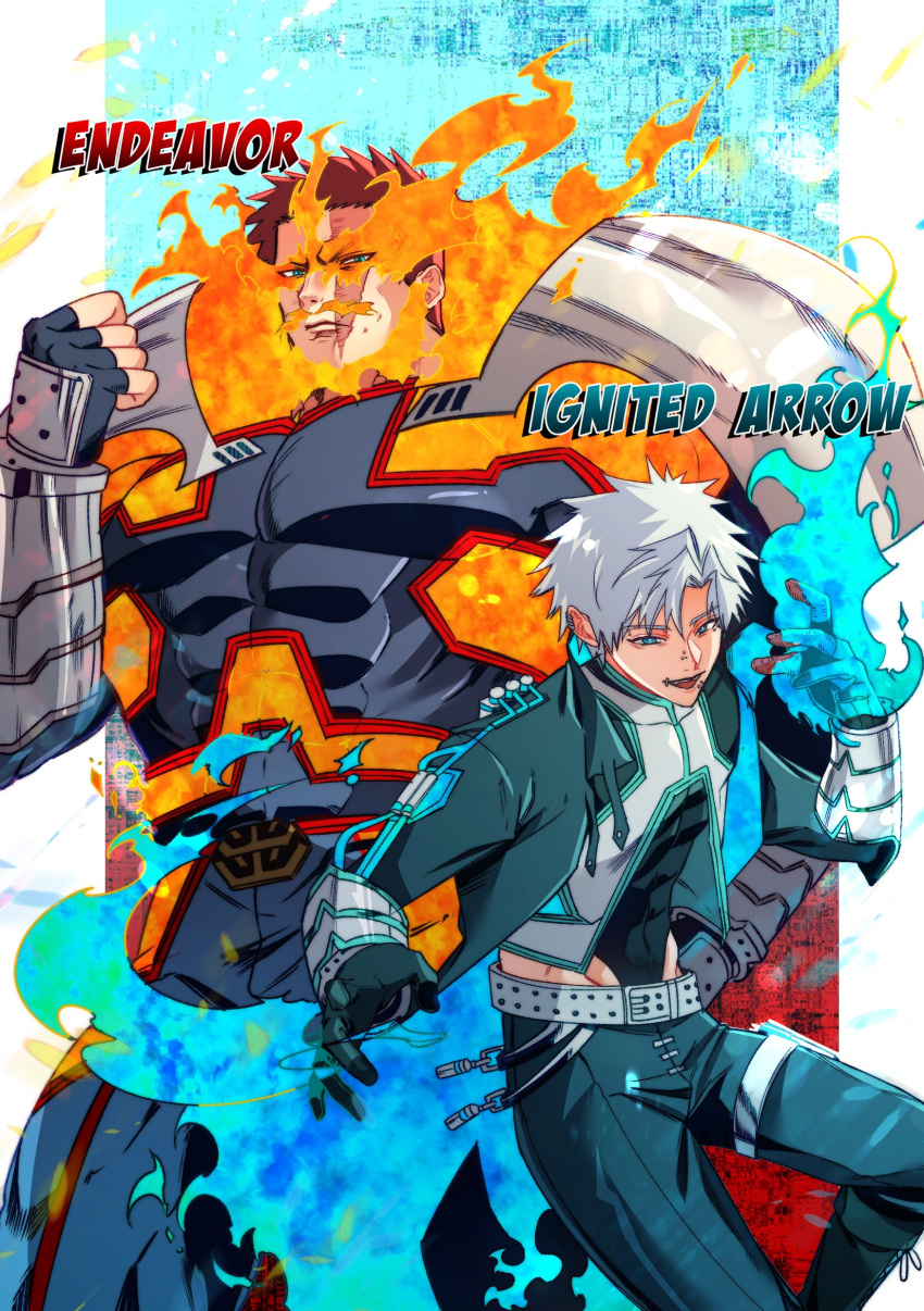 2boys abs absurdres age_difference alternate_costume alternate_universe beard belt blue_eyes blue_fire bodysuit bodysuit_under_clothes boku_no_hero_academia border burn_scar capsule collared_jacket commentary costume cowboy_shot dermal_piercing earrings endeavor_(boku_no_hero_academia) eyebrow_piercing facial_hair father_and_son fighting_stance fingerless_gloves fire gloves highleg highres hip_bones hip_vent holster jewelry lip_piercing looking_at_viewer male_focus mature_male multiple_boys muscular muscular_male mustache nose_piercing outside_border pectorals piercing pillarboxed red_hair scar scar_across_eye scar_on_cheek scar_on_face scar_on_mouth short_hair sigma778 skin_tight spiked_hair spoilers stud_earrings superhero thick_thighs thigh_holster thighs todoroki_touya two-tone_background very_short_hair white_border white_hair