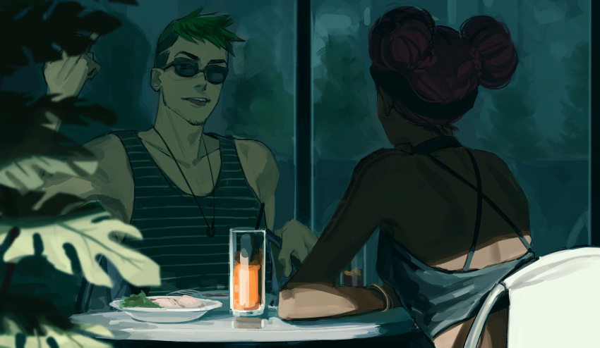 1boy 1girl 2gou absurdres apex_legends breasts collarbone crop_top cup double_bun facial_hair food green_hair grey_tank_top hair_behind_ear highres lifeline_(apex_legends) middle_finger octane_(apex_legends) parted_lips pectoral_cleavage pectorals plate red_hair shadow small_breasts smile stubble sunglasses tank_top undercut