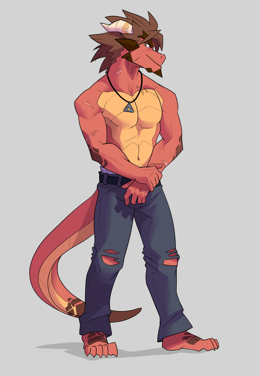 absurd_res anthro barefoot bottomwear brown_body clothed clothing draftgon dragon feet grey_background hi_res horn jewelry male necklace pants red_body scalie simple_background solo standing topless