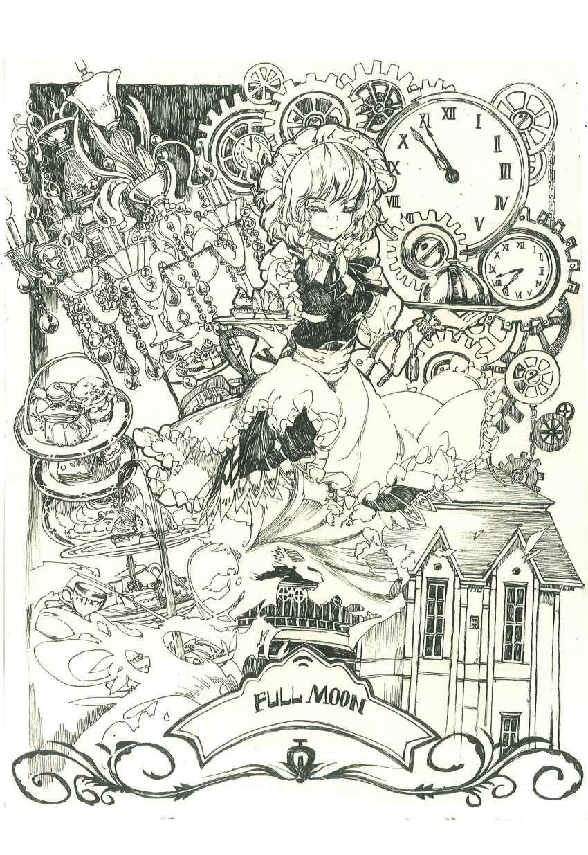1girl absurdres braid chain chandelier clock clockwork closed_eyes cup expressionless food gears highres holding holding_tray izayoi_sakuya lan_chuan_huo_dao maid medium_hair monochrome multiple_views pastry pen_(medium) pocket_watch roman_numeral scarlet_devil_mansion serving_dome skirt solo teacup time_clock touhou tray twin_braids watch