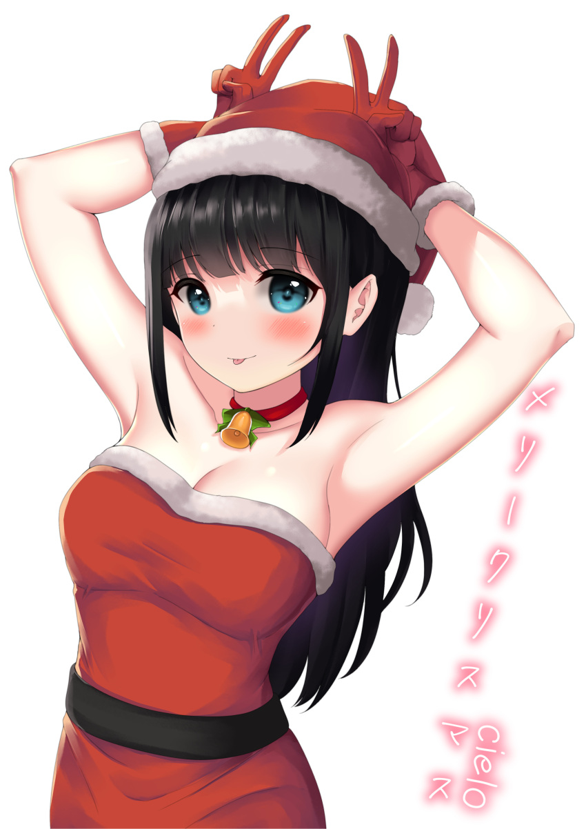 1girl :p absurdres armpits arms_up artist_name bangs bare_shoulders bell black_hair blue_eyes blush breasts choker christmas cielo_(cielo000328) cleavage closed_mouth commentary_request double_v dress fur-trimmed_dress fur_trim gloves hat highres long_hair looking_at_viewer medium_breasts merry_christmas neck_bell original red_choker red_dress red_gloves red_headwear santa_costume santa_dress santa_gloves santa_hat sidelocks simple_background smile solo standing tongue tongue_out translated v white_background