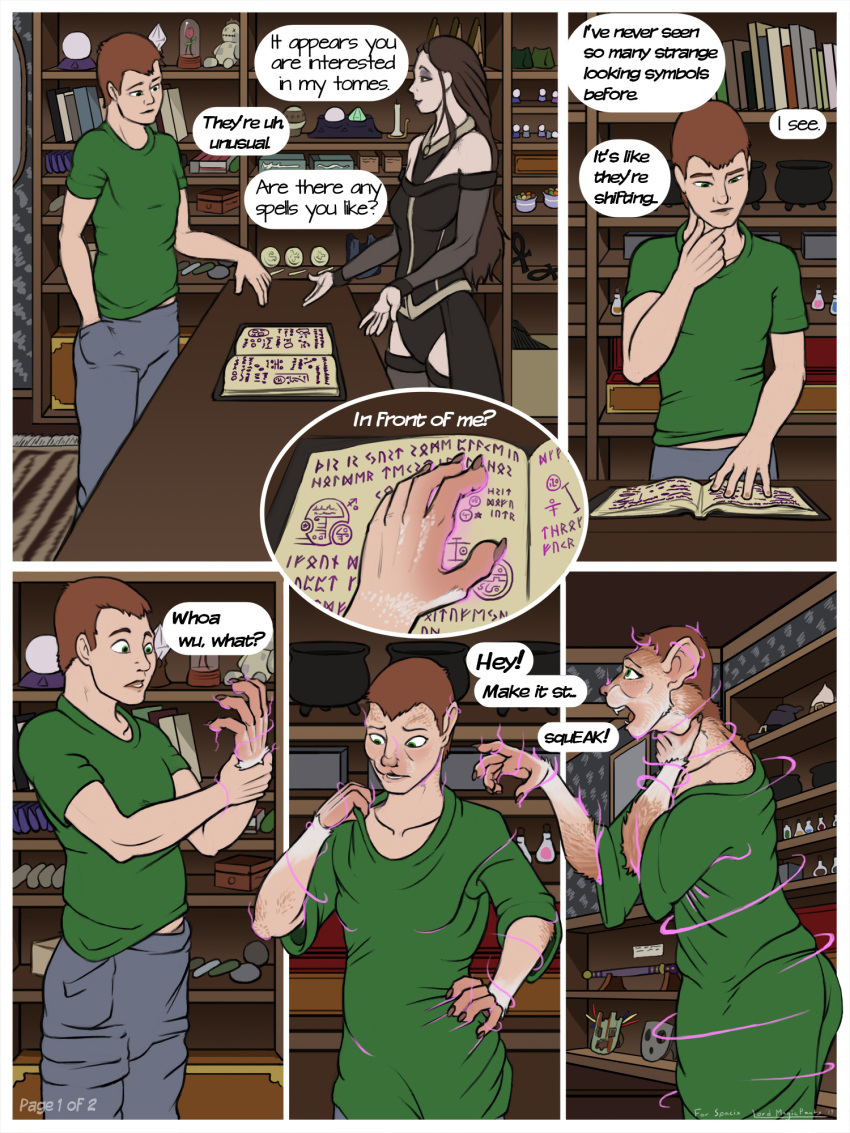 2019 3:4 book bookstore bottomwear brown_hair clothing dialogue duo english_text female fur fur_growth futhark gender_transformation green_clothing green_shirt green_topwear growth hair hi_res human_to_anthro inside lord_magicpants male mtf_transformation pants shirt shrinking size_transformation smile species_transformation surprise text topwear transformation