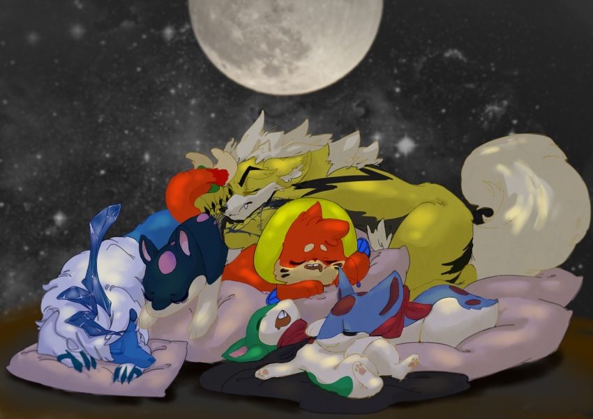 2019 absol absurd_res ambiguous_gender arcanine atty body_stack buizel detailed_background dialga feral group hi_res hybrid hybrid_pokemon legendary_pok&eacute;mon lying moon night_sky nintendo on_back on_front pillow pok&eacute;mon pok&eacute;mon_(species) quilava shark_bone shio_(quilava) sleeping stack video_games youta