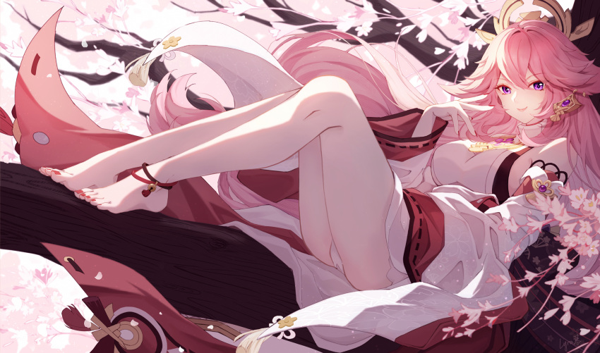 1girl against_tree animal_ears anklet bare_legs bare_shoulders big_hair braid breasts cherry_blossoms commentary dangle_earrings detached_sleeves earrings fingernails fox_ears full_body genshin_impact hair_ornament highres in_tree japanese_clothes jewelry large_breasts legs long_hair lying lyra-kotto miko nail_polish panties pantyshot pink_hair priestess purple_eyes red_nails ribbon-trimmed_sleeves ribbon_trim sideboob smile solo toenails toes tree underwear very_long_hair white_panties wide_sleeves wind yae_(genshin_impact)