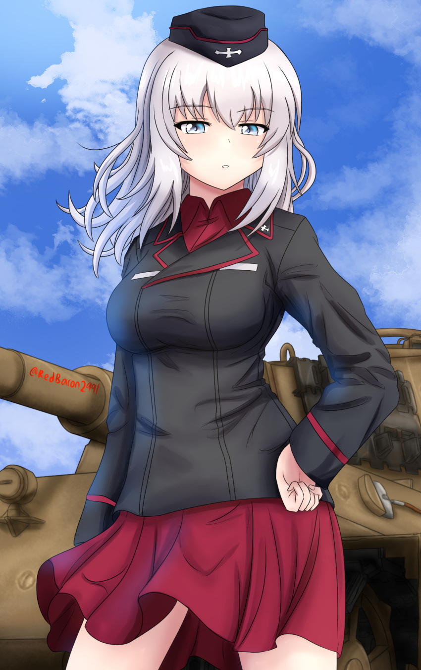 1girl bangs black_headwear black_jacket blue_eyes blue_sky cloud cloudy_sky commentary cowboy_shot day dress_shirt eyebrows_visible_through_hair garrison_cap girls_und_panzer ground_vehicle half-closed_eyes hat highres insignia itsumi_erika jacket kuromorimine_military_uniform long_sleeves looking_at_viewer medium_hair military military_hat military_uniform military_vehicle miniskirt motor_vehicle outdoors parted_lips pleated_skirt red_shirt red_skirt redbaron shirt silver_hair skirt sky solo standing tank tiger_ii twitter_username uniform wing_collar