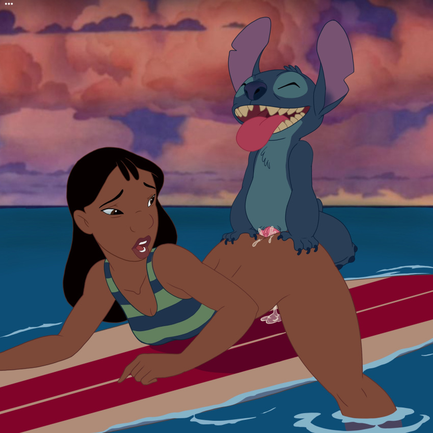 alien anal anal_penetration bikini black_hair blue_body blue_fur bodily_fluids bottomless breasts cleavage clothed clothing cum cum_drip cum_inside dark_body dark_skin disney dripping duo experiment_(lilo_and_stitch) female fur genital_fluids genitals hair hi_res human interspecies larger_female lilo_and_stitch looking_pleasured male male/female mammal medium_breasts nani_pelekai on_model partially_submerged penetration penis sex size_difference smaller_male surfboard swimwear thick_thighs tongue tongue_out two-piece_swimsuit unknown_artist