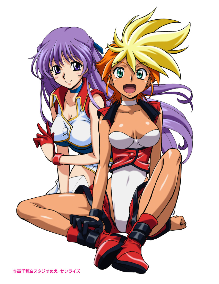 2girls absurdres aqua_eyes blonde_hair boots braid breasts choker cleavage dirty_pair dirty_pair_flash dyed_bangs earrings eyebrows_visible_through_hair french_braid gloves highres jewelry kei_(dirty_pair_flash) kimura_takahiro long_hair looking_at_viewer medium_breasts multicolored_hair multiple_girls official_art open_mouth orange_hair purple_eyes purple_hair red_footwear short_hair simple_background single_glove smile stud_earrings thigh_boots thighhighs two-tone_hair underbust white_background yuri_(dirty_pair_flash)