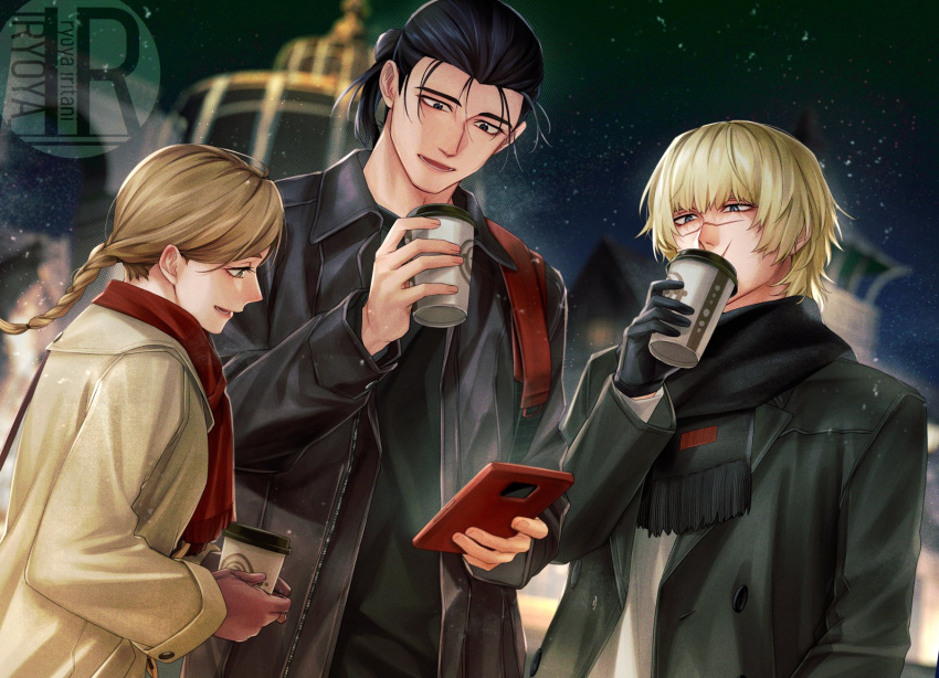 1girl 2boys alternate_costume alternate_hairstyle artist_logo badeni black_gloves black_hair black_jacket black_scarf blonde_hair brown_coat brown_hair cellphone chi.:_chikyuu_no_undou_ni_tsuite coat coffee_mug commentary_request contemporary cup disposable_cup gloves highres holding holding_phone iorbtyn jacket jolenta leather leather_jacket logo medium_hair mug multiple_boys night oczy open_clothes open_coat open_jacket open_mouth phone ponytail red_gloves red_scarf scarf shirt sky smartphone snowing unzipped white_shirt