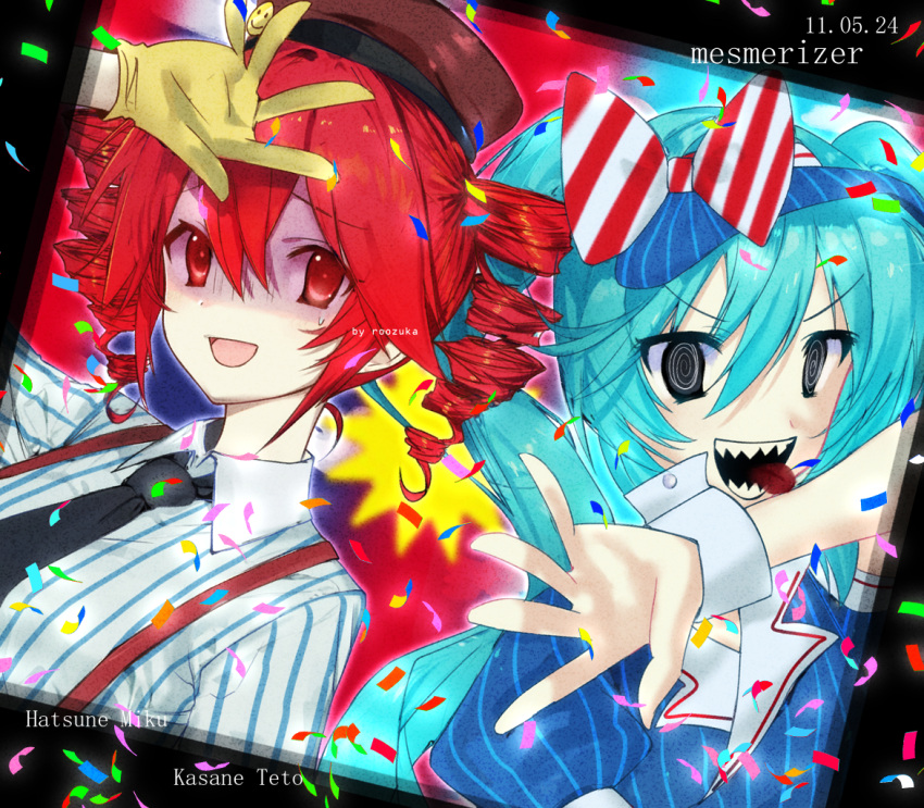 2girls @_@ aqua_hair arm_up artist_name black_border black_eyes black_necktie blue_shirt border bow character_name collared_shirt commentary confetti crazy dated diagonal-striped_bow drill_hair gloom_(expression) gloves hair_between_eyes hair_bow hat hatsune_miku kasane_teto long_hair mesmerizer_(vocaloid) multiple_girls necktie open_mouth puffy_short_sleeves puffy_sleeves red_bow red_eyes red_hair roozaku shaded_face sharp_teeth shirt short_hair short_sleeves smile song_name striped_bow striped_clothes striped_shirt suspenders teeth tilted_border tongue tongue_out twin_drills twintails two-tone_bow utau v-shaped_eyebrows vertical-striped_clothes vertical-striped_shirt visor_cap vocaloid white_bow white_wrist_cuffs wrist_cuffs yellow_gloves