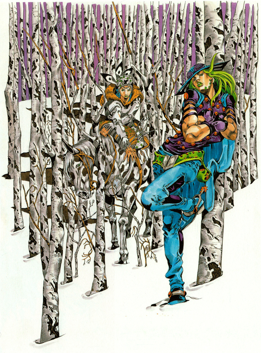 2boys araki_hirohiko arm_warmers armband beard belt belt_buckle birch_tree blue_cape blue_hair blue_hat blue_pants buckle cape cowboy_hat cowboy_western crossed_arms facial_hair feathers goggles goggles_on_headwear green_belt green_eyes green_hair green_lips grey_hat gyro_zeppeli hat hatching_(texture) highres holster horse horseback_riding horseshoe_hat_ornament horseshoe_ornament johnny_joestar jojo_no_kimyou_na_bouken long_hair long_sleeves makeup male_focus medium_hair multiple_boys official_alternate_costume pants parted_lips purple_arm_warmers purple_armband purple_shirt reins riding saddlebags scan shirt short_sleeves slow_dancer_(jojo) snow spurs star_(symbol) star_print steel_ball_run traditional_media tree white_pants