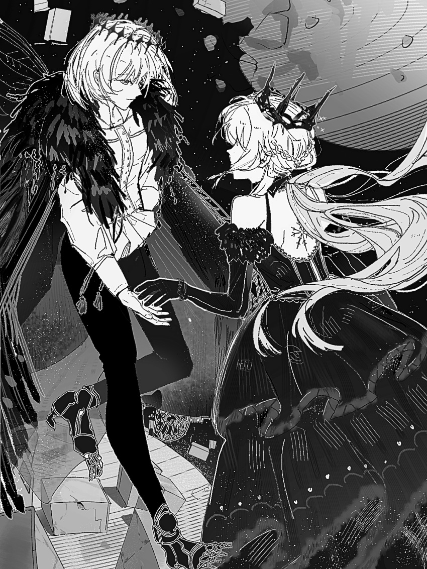 1boy 1girl alternate_costume black_dress black_gloves braid chinese_commentary cloak commentary_request crown dragonfly_wings dress fate/grand_order fate_(series) full_body fur_trim gloves hair_between_eyes hair_ornament half_up_braid highres insect_wings long_hair monochrome morgan_le_fay_(fate) oberon_(fate) oberon_(third_ascension)_(fate) ponytail short_hair smile standing very_long_hair wings yebeiming