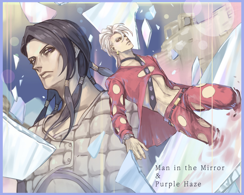 2boys black_hair broken_glass character_name earrings formal glass hex_tails illuso jewelry jojo_no_kimyou_na_bouken male_focus midriff mirror multiple_boys necktie padded_vest pannacotta_fugo suit vento_aureo vest white_hair yepnean