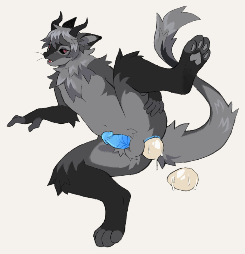 anthro arlo_(amazingcanislupus) balls black_sclera blue_penis dragon egg fluffy fur furred_dragon genitals grey_body grey_fur hi_res horn leg_markings male markings nardoragon oviposition paws penis red_eyes socks_(marking) solo vucyak