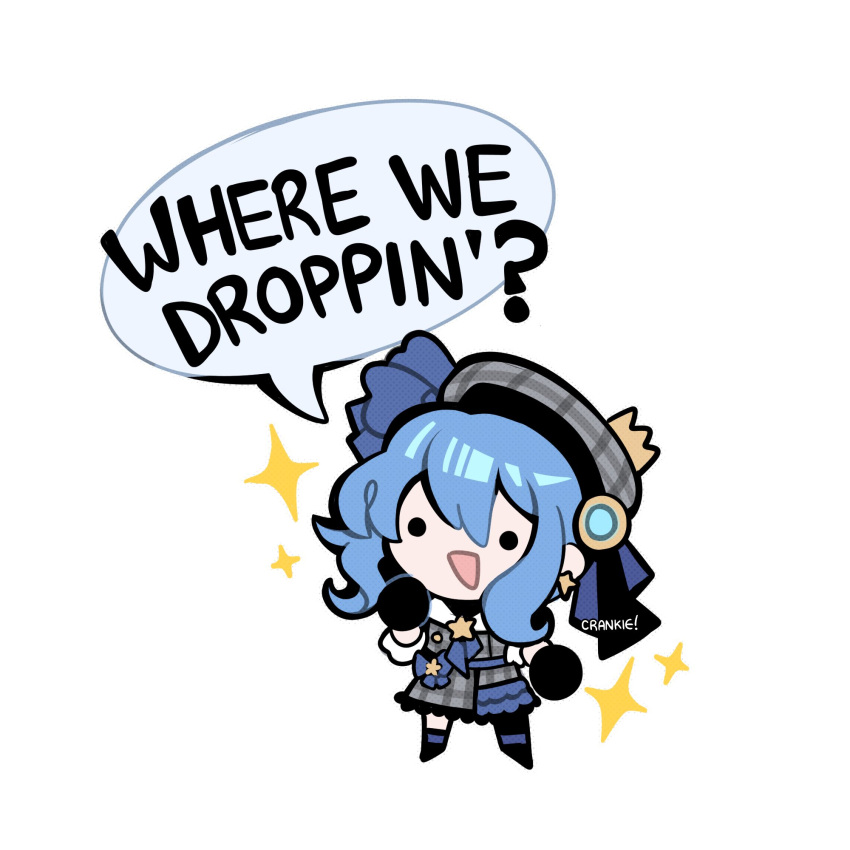 1girl :d artist_name beret black_gloves blue_hair chibi commentary crankie crown earrings english_commentary english_text fortnite full_body gloves grey_hat hair_between_eyes hand_up hat highres hololive hoshimachi_suisei hoshimachi_suisei_(1st_costume) jewelry long_hair mini_crown open_mouth side_ponytail simple_background smile solid_circle_eyes solo sparkle speech_bubble standing virtual_youtuber white_background