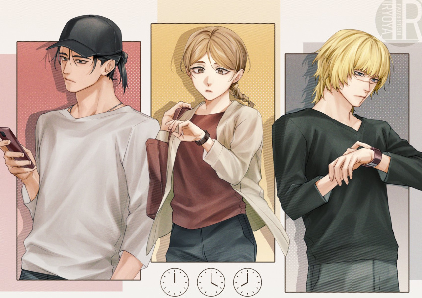 1girl 2boys alternate_costume alternate_hairstyle artist_logo badeni baseball_cap black_hat black_shirt blonde_hair braid braided_ponytail brown_eyes brown_hair cellphone chi.:_chikyuu_no_undou_ni_tsuite commentary_request contemporary denim hat highres holding holding_phone iorbtyn jeans jewelry logo looking_at_watch medium_hair multiple_boys necklace pants phone scar scar_on_face scar_on_mouth scar_on_nose shirt smartphone v-neck watch white_shirt wristwatch