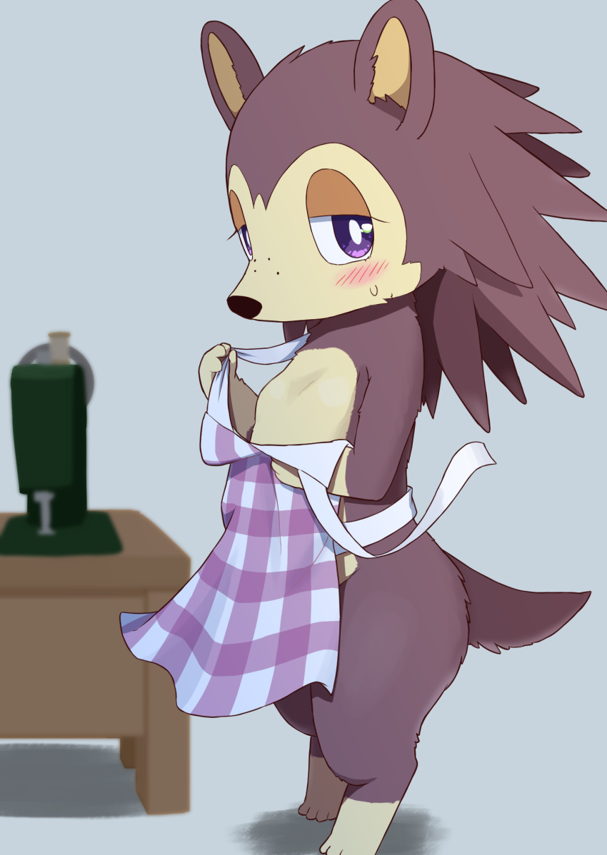 4_toes animal_crossing anthro apron biped blush blush_lines breasts brown_body brown_fur cleavage clothed clothing countershade_face countershade_torso countershading eulipotyphlan eye_contact featureless_breasts feet female first_person_view flat_chested freckles fur furniture grey_background hair half-closed_eyes hedgehog hi_res koorinezumi looking_at_another looking_at_viewer mammal multicolored_body multicolored_fur narrowed_eyes nintendo partially_clothed purple_eyes sable_able sewing_machine side_view simple_background solo spiky_hair standing table toes two_tone_body two_tone_fur undressing video_games wood_table