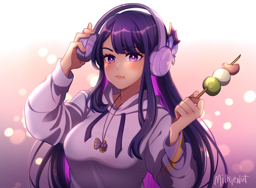 1girl alternate_costume alternate_universe artist_name bite_mark blush chewing contemporary cosplay dango eating english_commentary food genshin_impact hair_down highres holding holding_food hood hood_down hoodie hoyofair jewelry long_sleeves looking_at_viewer milkienut mole mole_under_eye multicolored_hair necklace purple_background purple_eyes purple_hair purple_hoodie purple_nails raiden_shogun raiden_shogun_(2nd_anniversary) raiden_shogun_(cosplay) shade solo wagashi