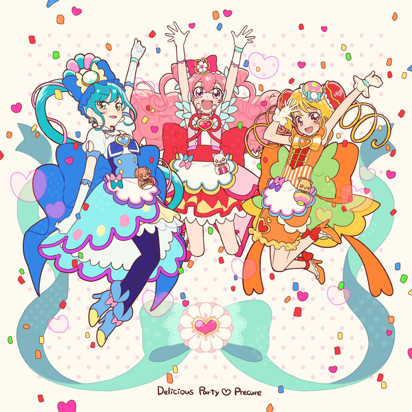 3girls :d ankle_bow announcement_celebration apron arm_up arms_up back_bow blonde_hair blue_bow blue_footwear blue_gloves blue_hair blue_legwear blue_neckerchief bow bowl bun_cover china_dress chinese_clothes choker commentary_request confetti copyright_name cure_precious cure_spicy cure_yum-yum delicious_party_precure double_bun dragon dress eyebrows_visible_through_hair food fox full_body fuwa_kokone gloves green_bow green_eyes hair_bow hair_cones hanamichi_ran happy heart_bow high_heels highres huge_bow jumping kome-kome_(precure) magical_girl men-men_(precure) multicolored_bow multicolored_clothes multicolored_skirt multiple_girls nagomi_yui neckerchief onigiri open_hands open_mouth orange_bow orange_footwear pamu-pamu_(precure) pantyhose pink_bow pink_choker pink_footwear pink_hair polka_dot polka_dot_background ponytail precure puffy_short_sleeves puffy_sleeves purple_bow purple_eyes red_bow red_eyes sandwich short_sleeves side_slit skirt smile striped striped_bow teeth triple_bun upper_teeth white_background white_stripes yufu_kyouko