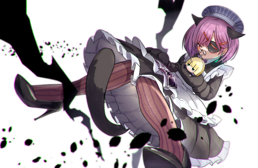 1girl alternate_costume animal_ears animal_hands bespectacled black_dress black_shoes blush book brown_pantyhose cat_ears cat_girl cat_tail censored character_doll closed_mouth commentary doll dress dutch_angle enmaided extra_ears eyepatch foreshortening frilled_dress frills full_body glasses gloves green_eyes grey_hat hair_behind_ear hat heaven_burns_red high_heels highres holding holding_doll kemonomimi_mode knees_together_feet_apart lollipop_in_mouth looking_down maid medium_hair mosaic_censoring nanase_nanami_(heaven_burns_red) null1000_4869 one_eye_covered open_book pantyhose paw_gloves purple_hair reading red_eyes round_eyewear shoe_soles shoes simple_background solo striped_clothes striped_pantyhose tail tezuka_saki vertical-striped_clothes vertical-striped_pantyhose white_background