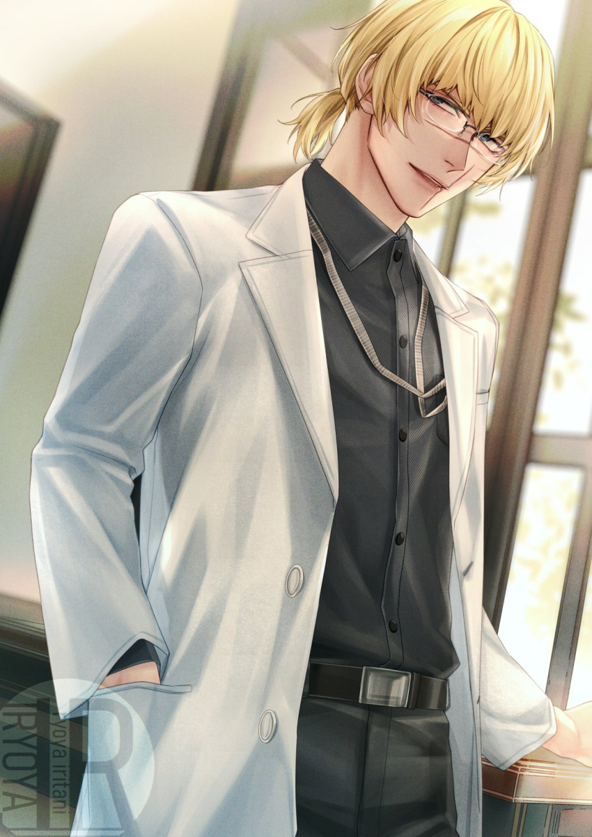 1boy alternate_costume alternate_hairstyle artist_logo badeni belt black_belt black_pants black_shirt blonde_hair chi.:_chikyuu_no_undou_ni_tsuite commentary_request contemporary glasses hand_in_pocket highres id_card_in_pocket iorbtyn lab_coat lanyard logo male_focus medium_hair pants ponytail shirt shirt_tucked_in short_ponytail solo