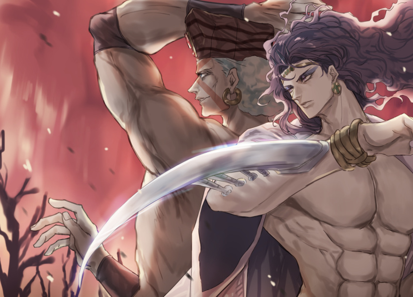 2boys arm_blade armband bare_tree battle_tendency bracelet bracer burning curly_hair earrings esidisi glowing glowing_weapon grey_hair hat hoop_earrings horns jewelry jojo_no_kimyou_na_bouken kars_(jojo) long_hair multiple_boys muscular open_clothes open_robe robe topless_male tree wavy_hair weapon yepnean