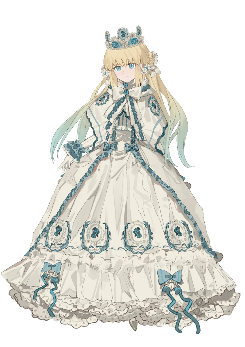 1girl absurdres aesc_(fate) aesc_(savior)_(fate) blonde_hair blue_eyes bow braid chinese_commentary commentary_request crown dress fate/grand_order fate_(series) full_body hair_between_eyes hair_bow hair_ornament half_up_braid highres looking_at_viewer solo standing white_dress yebeiming